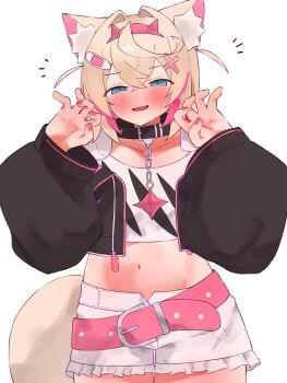 1girl animal_ear_fluff animal_ears bandaid bandaid_hair_ornament black_collar black_jacket blonde_hair blue_eyes breasts claw_pose collar cropped_jacket cropped_shirt dog_ears dog_girl dog_tail fur-trimmed_jacket fur_trim hair_ornament highres hololive hololive_english jacket looking_at_viewer mococo_abyssgard mococo_abyssgard_(1st_costume) multicolored_hair nail_polish navel pink_nails pink_streaks shirt short_hair shorts small_breasts solo spiked_collar spikes streaked_hair tail tepenchi two_side_up virtual_youtuber white_shirt white_shorts x_hair_ornament