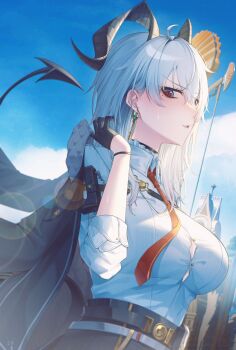 1girl absurdres ahoge arm_pouch black_horns black_pants black_tail breasts button_gap chest_harness collared_shirt demon_tail earrings hair_between_eyes hand_up harness highres horns jewelry key_earrings large_breasts long_hair looking_at_viewer missing_commentary pants parted_lips red_eyes shirt shirt_tucked_in solo tail tonkatsu_set_meal white_hair white_shirt wuthering_waves zani_(wuthering_waves)