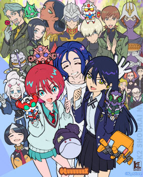 6+boys 6+girls amate_yuzuriha annqi aqua_eyes artist_name beanie bindi black_hair black_hat black_necktie black_skirt blonde_hair blue_hair blue_jacket brown_hair challia_bull char_aznable closed_mouth collared_shirt commentary_request comoli_harcourt conch_(gundam) copyright_name cowboy_shot dark-skinned_female dark_skin deux_murasame elmeth epaulettes flower gfred glasses gloves gquuuuuux green_eyes green_shirt green_skirt grey_gloves grey_hair grey_shirt group_picture gundam gundam_gquuuuuux hair_between_eyes hair_over_one_eye haro hat helmet highres holding holding_flower jacket jezzi k2_shokai kaine_(gundam) kikeroga_(gquuuuuux) kycilia_zabi lalah_sune long_hair long_sleeves looking_at_viewer mecha_pilot_suit miniskirt mole mole_under_eye mole_under_mouth multiple_boys multiple_girls nabu_(gundam) necktie normal_suit_(gundam) nyaan_(gundam_gquuuuuux) open_mouth pleated_skirt red_flower red_gundam red_hair red_necktie red_rose rose rx-78-2_gundam shiiko_sugai shirouzu_(gundam) shirt short_hair shuji_ito skirt smile striped_necktie stuffed_toy twitter_username two-tone_necktie v v-fin watermark white_hair white_shirt xavier_olivette yellow_eyes yellow_necktie