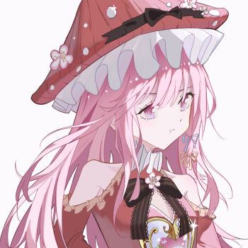 1girl :t above-cleavage_cutout annoyed bare_shoulders black_bow black_bowtie blue_ribbon bow bowtie brooch cherry_blossoms closed_mouth clothing_cutout commentary_request diamond_cutout dot_nose dress eyelashes flower flower_brooch frilled_dress frilled_headwear frills glimmering_forest_(infinity_nikki) hair_between_eyes hair_ribbon hat hat_bow hat_flower heart heart_print infinity_nikki jewelry lace-trimmed_bowtie long_hair long_sleeves looking_ahead mushroom_hat neck_ruff nikki_(nikki) nikki_(series) pink_eyes pink_flower pink_hair pout print_dress red_dress red_hat ribbon shoulder_cutout sidelocks simple_background so_ni_ni solo sparkle striped_bow striped_bowtie striped_clothes upper_body very_long_hair white_background yellow_ribbon