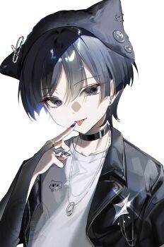 1boy absurdres alternate_costume animal_ear_headwear animal_print beanie belt belt_collar black_belt black_collar black_hat black_jacket black_sleeves blunt_ends bridal_gauntlets casual cat_print chain chain_earrings claw_ring collar commentary contemporary earflap_beanie eyelashes eyeliner eyeshadow fake_animal_ears genshin_impact glint grey_bridal_gauntlets hair_intakes hat highres index_finger_raised jacket jewelry lapels leather leather_jacket looking_at_viewer makeup male_focus middle_ring necklace open_clothes open_jacket portrait purple_eyes purple_nails r_aeel red_eyeliner red_eyeshadow ring ring_necklace safety_pin scaramouche_(cat)_(genshin_impact) scaramouche_(genshin_impact) shirt smile_emoji solo symbol-only_commentary tongue tongue_out tsurime undershirt watermark white_background white_shirt wispy_bangs zipper