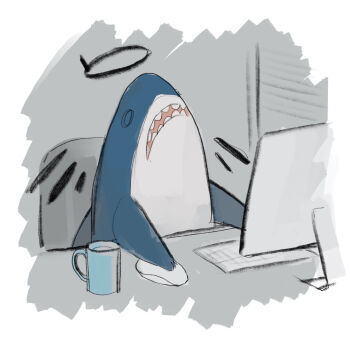 animalization arknights border chair coffee_mug commentary_request computer computer_keyboard computer_mouse cup dark_halo desk executor_(arknights) halo highres indoors laptop monitor mug no_humans office_chair open_mouth shark sharp_teeth shikiri sitting sketch solo swivel_chair teeth window_blinds wings