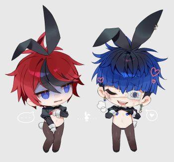 ... 2boys animal_ears black_gloves black_hair blue_eyes blue_hair blush chibi chibi_only commentary crossdressing crossdressing_(mtf) drooling eyebrow_piercing face_piercing fake_animal_ears fake_tail gloves grey_background heart heart_pasties highres jewelry male_focus mouth_drool multicolored_hair multiple_boys okapi_hndr omokage_yugamu open_mouth pantyhose pasties piercing playboy_bunny rabbit_ears rabbit_tail red_hair reverse_bunnysuit reverse_outfit shaded_face simple_background spoken_ellipsis spoken_heart sumino_takumi symbol-only_commentary tail the_hundred_line_-last_defense_academy- white_gloves