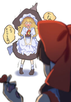 2girls aphrodisiac apron black_skirt black_vest blonde_hair blurry blush bow braid brown_hair clothes_grab commentary_request depth_of_field from_behind hair_bow hakurei_reimu hat heart highres holding_potion kirisame_marisa long_hair multiple_girls niru_(ka_k_0517) open_mouth potion red_bow shadow short_sleeves side_braid single_braid skirt speech_bubble sweat touhou translation_request vest waist_apron witch_hat yellow_eyes