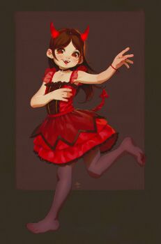 1girl alkemanubis brown_hair commentary demon_tail dress english_commentary fake_horns highres horns long_hair original pantyhose red_dress solo tail variant_set