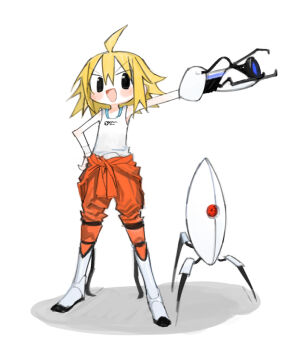 ahoge aperture_science_handheld_portal_device black_eyes blonde_hair chell chell_(cosplay) cosplay kokaki_mumose medium_hair null-meta open_mouth portal_(series) smile tank_top sentry_turret_(portal) uozumi_kurumi