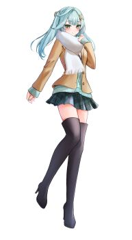 1girl absurdres alternate_costume black_boots blue_cardigan blue_hair blue_nails blue_skirt blush boots brown_jacket cardigan closed_mouth commission double-parted_bangs faruzan_(genshin_impact) full_body genshin_impact green_eyes hair_ornament high_heel_boots high_heels highres jacket long_hair long_sleeves netarou_(netarou_25) pixiv_commission plaid_clothes plaid_skirt scarf school_uniform simple_background skirt sleeves_past_wrists smile solo symbol-shaped_pupils thigh_boots thighhighs triangle-shaped_pupils twintails white_background white_scarf x_hair_ornament zettai_ryouiki