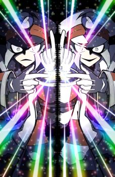 2boys black_background brothers character_request cowboy_shot glowing grey_hair highres mega_stone multiple_boys neosiromaruzmc nintendo pokemon pokemon_bw siblings twins upper_body