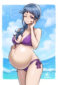 1girl ;) bikini blue_hair breasts cleavage cowboy_shot cross_scar fire_emblem fire_emblem_fates full_cleavage hand_on_own_face hand_on_own_stomach highres large_breasts navel nintendo one_eye_closed outdoors ponytail pregnant purple_bikini purple_eyes reina_(fire_emblem) rotomdocs scar side-tie_bikini_bottom smile solo swimsuit