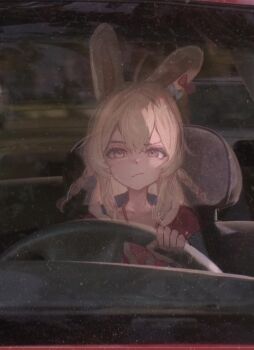 1girl absurdres bow but_you_can&#039;t_prove_it_(meme) car commentary dexter_(tv_series) ear_bow english_commentary hair_ornament highres meme motor_vehicle phase_connect pink_eyes pink_hair pipkin_pippa pipkin_pippa_(1st_costume) rabbit_girl rabbit_hair_ornament rabbit_ornament scene_reference solo steering_wheel taku_artworks virtual_youtuber