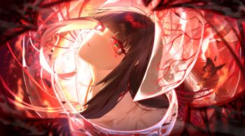 1girl absurdres black_hair bridal_veil bug burning butterfly closed_mouth commentary_request crying crying_with_eyes_open eye_reflection hai000_0 highres holding holding_sword holding_weapon hood insect japanese_clothes katana kimono limbus_company long_hair long_sleeves looking_at_viewer project_moon red_eyes reflection ryoshu_(project_moon) see-through_clothes shiromuku solo string sword tears uchikake veil wataboushi weapon white_kimono