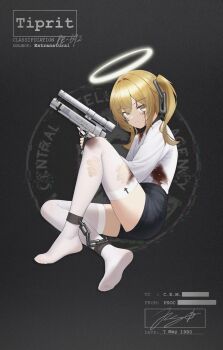 1girl \m/ absurdres adversarial_noise amt_hardballer amt_hardballer_longslide angel bar_censor belt black_gloves blonde_hair blood blood_on_chest blood_on_clothes blood_on_leg bloody_tears broken broken_chain brown_belt brown_eyes censored central_intelligence_agency chain chain_leash character_name commentary cross cuffs dated denim denim_shorts english_commentary english_text facial_tattoo feet fingerless_gloves fingernails full_body glitch gloves grey_background gun halo handgun highres holding holding_gun holding_weapon inverted_cross jerry_wang laser_sight leash logo open_mouth original shackles shirt shoes short_hair short_shorts shorts signature simple_background sitting skindentation sneakers soles solo standing tattoo thighhighs thighs tiprit_(jerry_wang) toes torn_clothes torn_thighhighs traditional_halo trigger_discipline twintails watch weapon white_shirt white_thighhighs yellow_halo zettai_ryouiki