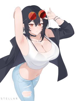 1girl absurdres adjusting_eyewear alternate_costume armpits arms_up artist_name black_bra black_choker black_hair black_jacket blue_pants blush bra bracelet breasts choker cleavage collarbone commentary crop_top english_commentary eyewear_on_head grace_howard hair_between_eyes highres jacket jacket_partially_removed jewelry large_breasts midriff multiple_rings navel necklace pants parted_lips red-tinted_eyewear red_eyes ring round_eyewear see-through_clothes see-through_shirt shirt silver_ring simple_background solo stellar_(ssstellar) sunglasses tinted_eyewear torn_clothes torn_pants underwear white_background white_shirt zenless_zone_zero
