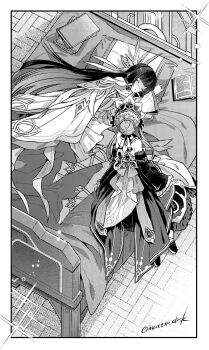 Rule 34 | 2girls, bed, bonnet, book, braid, bun with braided base, closed eyes, columbina (genshin impact), commentary request, dress, eye mask, frilled sleeves, frills, genshin impact, greyscale, hair bun, head on pillow, head wings, highres, inui shiro, long hair, long sleeves, looking at another, lying, mask, monochrome, multiple girls, on bed, on side, open book, pillow, sandrone (genshin impact), sitting, sleeping, twitter username, very long hair, winding key, wings