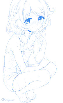 1girl blue_theme blush commentary_request flat_chest hair_flaps highres idolmaster idolmaster_cinderella_girls igarashi_kei index_finger_raised legs_together lineart loli looking_at_viewer monochrome nose_blush short_twintails signature simple_background solo squatting tiptoes toes twintails yusa_kozue