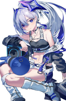 Rule 34 | 1girl, absurdres, amane kanata, amane kanata (lock on), black choker, black sports bra, chinese commentary, choker, collarbone, colored inner hair, commentary request, grey hair, hair between eyes, halo, highres, holding, holding megaphone, hololive, jacket, jacket partially removed, jewelry, looking at viewer, megaphone, midriff, multicolored hair, navel, o-ring, o-ring choker, oeuia, off shoulder, official alternate costume, ponytail, purple eyes, ribbed leg warmers, shorts, sitting, solo, sports bra, star halo, tilted halo, virtual youtuber, white background