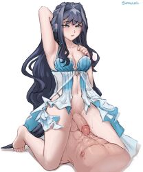 1boy 1futa alternate_costume arknights arm_behind_head armpits artist_name astesia_(arknights) black_hair blue_dress blue_eyes breasts bright_pupils collarbone cowgirl_position dress futa_with_male futanari futasub girl_on_top hair_intakes hand_on_own_chest hetero highres kneeling large_breasts large_penis large_testicles long_hair looking_at_another looking_down male_on_futa multicolored_dress navel open_mouth penis precum see-through_clothes see-through_dress seraziel sex sidelocks simple_background straddling swimsuit testicles two-tone_dress veins veiny_penis very_long_hair wavy_hair white_background white_dress white_pupils