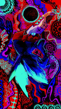 absurdres blue_sclera bright_pupils colored_sclera colorful darkrai eclipse full_body full_moon gen_4_pokemon glowing glowing_eyes highres legendary_pokemon long_hair looking_at_viewer moon multicolored_background mythical_pokemon nintendo no_humans otonoha_aika pokemon pokemon_(creature) red_eyes solar_eclipse solo white_hair white_pupils