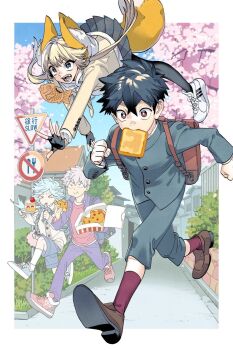 1girl 3boys aimoto_shou_(artist) animal_ears backpack bag black_hair blonde_hair border bread bread_slice child commentary commentary_request fingerless_gloves food food_in_mouth fox_ears fox_tail full_body gloves highres holding holding_food iwakiyamayukisatoshironanogojuurokushi_akira kemono_jihen kon_(kemono_jihen) kusaka_kabane leggings long_hair mouth_hold multiple_boys open_mouth outside_border red_eyes road_sign running school_uniform short_hair sign tademaru_shiki tail toast toast_in_mouth twintails white_border