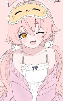 1girl ;3 ;d absurdres ahoge alternate_costume aurelia88 bare_shoulders blue_archive blush camisole cardigan collarbone commentary english_commentary fang frilled_camisole frills hair_between_eyes halo happy highres hoshino_(blue_archive) long_hair looking_at_viewer low_twintails mistel_(sukebemistel)_(style) one_eye_closed open_cardigan open_clothes open_mouth outline pink_background pink_cardigan pink_hair pink_halo pink_theme signature simple_background skin_fang sleep_mask smile solo spaghetti_strap twintails upper_body very_long_hair white_camisole white_outline yellow_eyes