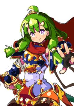 Rule 34 | 1girl, absurdres, ahoge, armor, breastplate, cape, etrian odyssey, fingerless gloves, gloves, green hair, hero (sekaiju), hero 2 (sekaiju), highres, holding, holding sword, holding weapon, long hair, misomaru, pauldrons, purple eyes, red cape, sekaiju no meikyuu, sekaiju no meikyuu x, shoulder armor, solo, sword, tiara, w, weapon