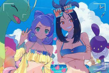 2girls antennae beach bikini bird black_hair blue_bikini blue_sky breasts cleavage closed_eyes colored_skin commentary crossed_arms dendra_(pokemon) eyewear_on_head flower frilled_bikini frills gen_2_pokemon gen_3_pokemon green_eyes green_skin grin highres hsin large_breasts long_hair long_neck looking_at_viewer medicham meganium miriam_(pokemon) multiple_girls nintendo orange_eyes pink_flower pokemon pokemon_scarlet_and_violet ponytail purple_hair sauropod sidelocks sky smile swimsuit untranslatable_commentary v water wattrel yellow_bikini