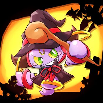 black_hat bright_pupils clothed_pokemon colored_sclera commentary_request crobat full_body gen_1_pokemon gen_2_pokemon gen_6_pokemon golbat gold_ring green_eyes grin halloween halloween_costume hat holding holding_staff hoopa hoopa_(confined) horns kinakomochi_(kazuna922) legendary_pokemon mythical_pokemon nintendo no_humans pokemon pokemon_(creature) pokemon_focus pumpkaboo rayman_limbs red_ribbon ribbon silhouette smile solo_focus staff teeth white_pupils witch_hat yellow_sclera zubat