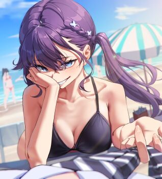1boy 2girls beach beach_umbrella bikini black_bikini blue_eyes braid breasts butterfly_hair_ornament cleavage collarbone commentary_request gakuen_idolmaster grin hair_ornament highres idolmaster ie_101298631_(artist) kaya_rinha long_hair looking_at_viewer medium_breasts multiple_girls outdoors people pov_across_table purple_hair smile swimsuit twintails umbrella