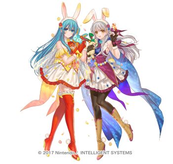 Rule 34 | 2girls, animal ear hairband, animal ears, aqua eyes, aqua hair, bare shoulders, bird, black pantyhose, blue eyes, blue hair, blue shirt, blush, boots, breasts, brown boots, brown gloves, commentary, commentary request, dress, eirika (fire emblem), eirika (spring company) (fire emblem), english commentary, fake animal ears, fake tail, fingerless gloves, fire emblem, fire emblem: radiant dawn, fire emblem: the sacred stones, fire emblem heroes, flower, gloves, grey hair, hair ribbon, hairband, holding, kippu, long hair, looking at viewer, micaiah (fire emblem), micaiah (spring company) (fire emblem), mixed-language commentary, multiple girls, neckerchief, nintendo, official alternate costume, official art, pantyhose, purple neckerchief, purple vest, rabbit ears, rabbit tail, red boots, red gloves, red neckerchief, red shirt, ribbon, shirt, simple background, skirt, sleeveless, smile, stuffed animal, stuffed rabbit, stuffed toy, tail, thigh boots, vest, white hairband, white skirt, yellow eyes, yellow vest, yune (fire emblem)