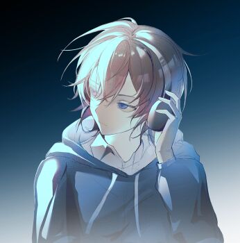 1boy black_hoodie blue_eyes brown_hair camille407 chinese_commentary closed_mouth collared_shirt commentary_request drawstring expressionless gradient_background hair_between_eyes hand_on_headphones headphones highres hood hood_down hoodie jidong_zhanshi_keven long_sleeves looking_to_the_side male_focus real_life shirt solo upper_body variant_set white_shirt