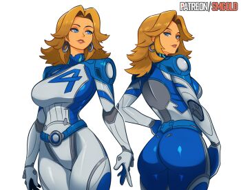 Rule 34 | 1girl, absurdres, artist name, ass, blonde hair, blue bodysuit, blue eyes, bodysuit, breasts, commentary, earrings, fantastic four, highres, hoop earrings, huge ass, jewelry, large breasts, marvel, marvel rivals, medium hair, multicolored bodysuit, multiple views, parted lips, patreon username, simple background, smgold, sue storm, superhero costume, turnaround, two-tone bodysuit, white bodysuit