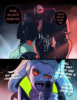 1boy 1girl 2022 adam_smasher aiming aiming_at_viewer angry colored_sclera cybernetics cyberpunk_(series) cyberpunk:_edgerunners cyborg english_text glowing glowing_eyes green_eyes gun highres imminent_penetration imminent_rape instant_loss insult long_hair looking_at_another middle_finger netflix nyantcha outdoors profanity rebecca_(cyberpunk) red_sclera robot serious sharp_teeth shouting size_difference speech_bubble talking teeth weapon you_gonna_get_raped