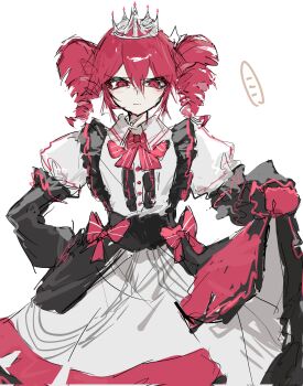 Rule 34 | 1girl, arm behind back, bow, bowtie, closed mouth, crown, dress, drill hair, furrowed brow, hair between eyes, highres, kasane teto, kasane teto (sv), long sleeves, puffy sleeves, red bow, red bowtie, red eyes, red hair, short hair, simple background, skirt hold, solo, synthesizer v, twin drills, ummwa, white background, white dress