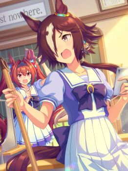 2girls absurdres angry animal_ears arguing artist_request back_bow bag bare_arms blue_bow blue_bowtie blue_scrunchie blue_shirt bow bowtie breasts brooch broom brown_eyes brown_hair cellphone chalkboard classroom collarbone cowboy_shot daiwa_scarlet_(umamusume) dot_nose dustpan ear_ornament eyelashes frilled_skirt frills game_cg hair_between_eyes hair_bow hair_intakes hair_ornament hair_over_one_eye hair_scrunchie high-waist_skirt highres holding holding_broom holding_dustpan holding_phone horse_ears horse_girl horse_tail horseshoe_ornament indoors jewelry light_blush light_particles light_rays long_hair looking_at_another low_ponytail miniskirt multicolored_hair multiple_girls official_art on_table open_mouth phone pink_bow pink_eyes pleated_skirt pointing pointing_at_another ponytail puffy_short_sleeves puffy_sleeves sailor_collar school_bag school_uniform scrunchie shirt short_sleeves sitting skirt small_breasts smartphone standing streaked_hair table tail third-party_source tiara tracen_school_uniform twintails two-tone_shirt umamusume v-shaped_eyebrows very_long_hair vodka_(umamusume) white_sailor_collar white_shirt white_skirt