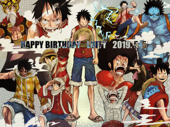 1boy 2019 abs afro aji_of_aji55 bandaged_torso birthday black_hair black_shirt blood blood_on_arm blood_on_face blue_shorts blue_skin boxing_gloves brown_gloves character_name coat colored_skin commentary_request cross_scar crying dated fake_beard fake_facial_hair fake_mustache fighting_stance floral_print_shirt fur-trimmed_coat fur-trimmed_shorts fur_trim gloves happy_birthday hat helmet highres holding holding_unworn_clothes holding_unworn_hat japanese_clothes katana kimono male_focus monkey_d._luffy multiple_boys muscular muscular_male official_alternate_costume one_piece open_clothes open_mouth open_shirt red_kimono red_vest sandals scar scar_on_chest shirt short_hair shorts standing straight-on straw_hat sword tears toned toned_male transformation unworn_hat unworn_headwear upper_body vest weapon