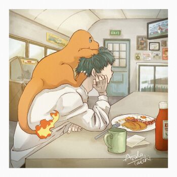 1boy bacon black_hair blue_eyes border charmander claws commentary_request cup diner door egg exit_sign food fork gen_1_pokemon highres ketchup_bottle leon_(pokemon) long_sleeves male_focus mug nintendo pancake peppsi_(saba_sabasuk0) plate pokemon pokemon_(creature) pokemon_on_back pokemon_swsh shirt short_hair signature watching_television white_border white_shirt