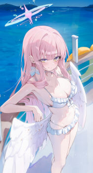1girl absurdres blue_archive blush breasts cleavage closed_mouth feathered_wings hair_intakes halo highres kerno large_breasts long_hair looking_at_viewer low_wings mika_(blue_archive) mika_(swimsuit)_(blue_archive) navel ocean official_alternate_costume official_alternate_hairstyle pink_hair pink_halo solo standing thighs white_wings wings yellow_eyes