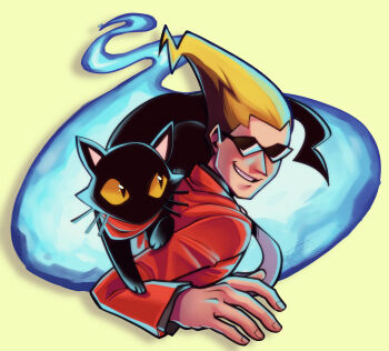 Rule 34 | 1boy, absurdres, artist name, bandana, black cat, blonde hair, cat, cat (ghost trick), ghost, ghost trick, grin, highres, long sleeves, male focus, necktie, red bandana, red shirt, shirt, sissel (ghost trick), skeptical-rainbows, smile, sunglasses, upper body, yellow background, yellow eyes