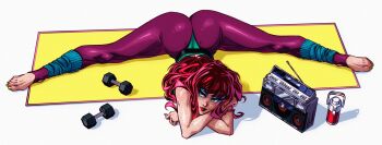 1980s_fashion 1girl absurdres ass blue_leg_warmers boombox crossed_arms dumbbell freckles green_eyes green_leotard highres leg_warmers leggings leotard levidu99 long_hair looking_at_viewer marvel mary_jane_watson purple_leggings red_hair simple_background solo spider-man_(series) split white_background yoga_mat