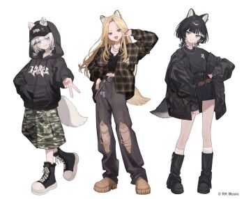 Rule 34 | 3girls, :d, animal ear piercing, animal ears, baseball cap, black boots, black hair, black hat, black jacket, black pants, black shirt, black shoes, black skirt, blonde hair, blue eyes, boots, brown jacket, brown shoes, camouflage, camouflage shorts, commentary request, copyright notice, dog ears, dog girl, dog tail, ears through headwear, fishnet pantyhose, fishnets, full body, green shorts, grey hair, grin, hand in pocket, hand up, hat, hood, hood up, hooded jacket, jacket, jewelry, kmnz, lita (kmnz), long hair, long sleeves, medium hair, miniskirt, multicolored hair, multiple girls, nail polish, necklace, nero (kmnz), official art, open clothes, open jacket, open mouth, pants, pantyhose, plaid clothes, plaid jacket, puffy long sleeves, puffy sleeves, purple eyes, red nails, shirt, shoes, shorts, shugao, simple background, single off shoulder, skirt, smile, streaked hair, tail, tina (kmnz), torn clothes, torn pants, v, virtual youtuber, white background, wolf cut