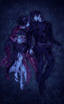 1boy 1girl absurdres amputee bandaged_head bandages black_hair black_jacket black_kimono bleeding blood blood_on_clothes closed_eyes couple death full_body game_cg grass gunshot_wound hetero highres holding_hands injury jacket japanese_clothes kaguyuzu kimono lying nie_no_hakoniwa night non-web_source on_back shiki_kyoko short_hair smile tabi yasaka_kurou