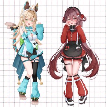 2girls :d ahoge alternate_costume animal_hands bandaid bandaid_on_leg black_bow black_shoes black_socks black_thighhighs blonde_hair blue_dress blush bow breasts brown_hair cat_paws cleavage clothing_cutout commentary_request dress fingernails flower-shaped_pupils genshin_impact green_eyes green_nails hair_between_eyes hair_ornament hairclip hand_up heart_cutout highres hu_tao_(genshin_impact) jersey_maid kirara_(genshin_impact) komor_yuki long_hair long_sleeves maid medium_breasts multicolored_shoes multiple_girls multiple_tails o-ring o-ring_thigh_strap open_mouth red_bow red_eyes red_shorts red_skirt red_sweater red_thighhighs shoes shorts shoulder_cutout single_sock single_thighhigh skirt sleeves_past_wrists smile sneakers socks sweater symbol-shaped_pupils tail tail_bow tail_ornament thigh_strap thighhighs turtleneck turtleneck_sweater twintails two_tails unconventional_maid very_long_hair white_shoes x_hair_ornament zoom_layer