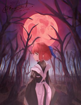 absurdres bare_tree black_kimono cowboy_shot dated from_behind full_moon hashtag-only_commentary highres japanese_clothes kevin3rd kimono kohaku_(tsukihime) moon red_hair red_moon short_hair tree tsukihime yellow_eyes