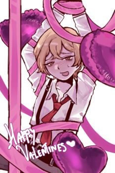 Rule 34 | 1boy, absurdres, bdsm, bishounen, blonde hair, bondage, bound, bound wrists, collared shirt, cowboy shot, e.g.o (project moon), english text, happy valentine, heart, highres, limbus company, looking at viewer, lovevogel11, male focus, necktie, open mouth, project moon, red necktie, roseate desire (e.g.o), shirt, short hair, sinclair (project moon), solo, suspenders, sweat, white shirt, yellow eyes