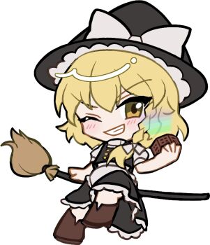 1girl apron black_hat black_skirt black_vest blonde_hair blush boots bow braid broom broom_riding brown_boots buttons chibi chibi_only double-breasted frilled_apron frilled_skirt frills full_body grin hair_bow hat hat_bow holding kirisame_marisa long_hair looking_at_viewer mini-hakkero mirei_(miirei) one_eye_closed shirt short_sleeves simple_background single_braid sitting skirt skirt_set smile solo touhou transparent_background v-shaped_eyebrows vest waist_apron white_apron white_bow white_shirt witch_hat yellow_eyes