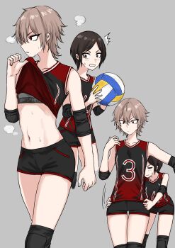 2girls :o absurdres accidental_exposure adjusting_clothes ball black_hair black_shirt black_shorts bra brown_hair clueless elbow_sleeve fuku_(fuku12290574) grey_background grey_bra hair_between_eyes highres knee_pads multiple_girls original parted_bangs red_shirt shirt shirt_tug short_hair short_shorts shorts sleeveless sleeveless_shirt sportswear stomach sweat two-tone_shirt underwear volleyball volleyball_(object) volleyball_uniform wiping_sweat yagami_(fuku_(fuku12290574))