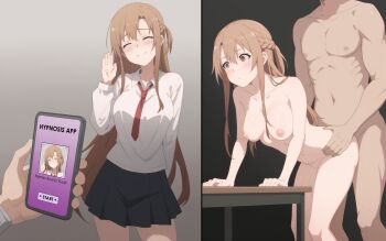 1boy 1girl absurdres ai-assisted asuna_(sao) bent_over black_skirt blush braid breasts brown_eyes brown_hair collarbone commentary completely_nude crown_braid desk doggystyle empty_eyes english_commentary english_text expressionless forced_smile guilegaze hair_between_eyes half_up_braid hands_on_table hetero highres holding holding_phone hypnosis leaning_forward long_hair long_sleeves medium_breasts mind_control miniskirt multiple_views navel necktie nipples nude phone ponytail red_necktie school_uniform sequential sex sex_from_behind shirt short_ponytail skirt smile standing standing_sex sword_art_online very_long_hair waving white_shirt