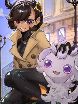 1girl black_bodysuit black_hair blush bodysuit bodysuit_under_clothes breasts brown_jacket dark-skinned_female dark_skin day emma_(pokemon) espurr fangs gen_6_pokemon gloves grey_fur hair_ornament headpat highres jacket lamppost latex latex_bodysuit lumiose_city mega_stone namekuj1hey nintendo open_mouth outdoors pokemon pokemon_(creature) pokemon_legends:_z-a purple_eyes short_hair smile