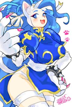 1girl :3 animal_ear_fluff animal_ears animal_hands blue_dress blue_eyes blush body_fur breasts capcom cat_ears cat_girl china_dress chinese_clothes chun-li chun-li_(cosplay) commentary_request cosplay cowboy_shot darkstalkers dated dress fangs felicia_(darkstalkers) large_breasts long_hair looking_at_viewer microdress misodiru open_mouth signature simple_background solo street_fighter white_background white_fur