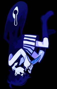 1boy bajinns bare_arms bare_shoulders black_background child closed_mouth empty_eyes expressionless full_body hair_behind_ear hair_between_eyes half-closed_eyes hands_up highres holding holding_knife jitome knife male_focus monochrome no_shoes omori omori_(omori) profile reverse_grip short_hair shorts simple_background solo something_(omori) striped_clothes striped_shorts tank_top two-tone_shorts upside-down vertical-striped_clothes vertical-striped_shorts very_short_hair